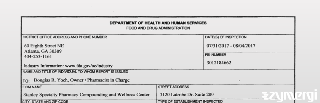 FDANews 483 Stanley Specialty Pharmacy Compounding and Wellness Center Aug 4 2017 top