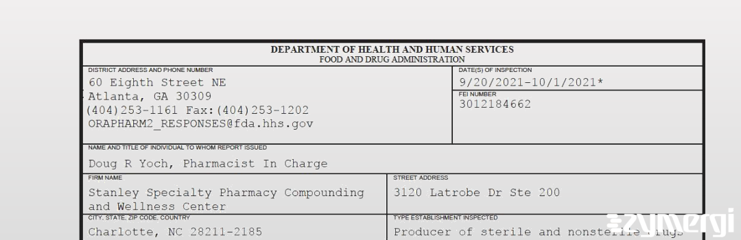 FDANews 483 Stanley Specialty Pharmacy Compounding and Wellness Center Oct 1 2021 top