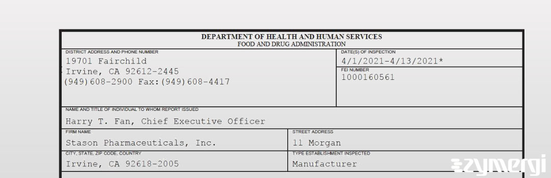 FDANews 483 Stason Pharmaceuticals, Inc. Apr 13 2021 top