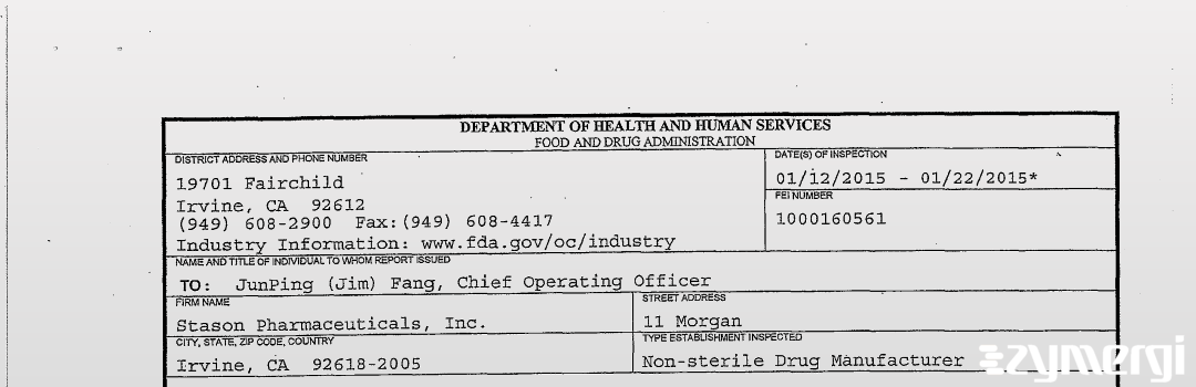 FDANews 483 Stason Pharmaceuticals, Inc. Jan 22 2015 top