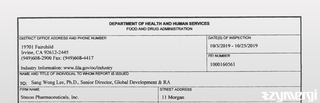 FDANews 483 Stason Pharmaceuticals, Inc. Oct 25 2019 top
