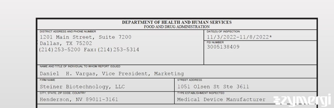 FDANews 483 Steiner Biotechnology, LLC Nov 8 2022 top