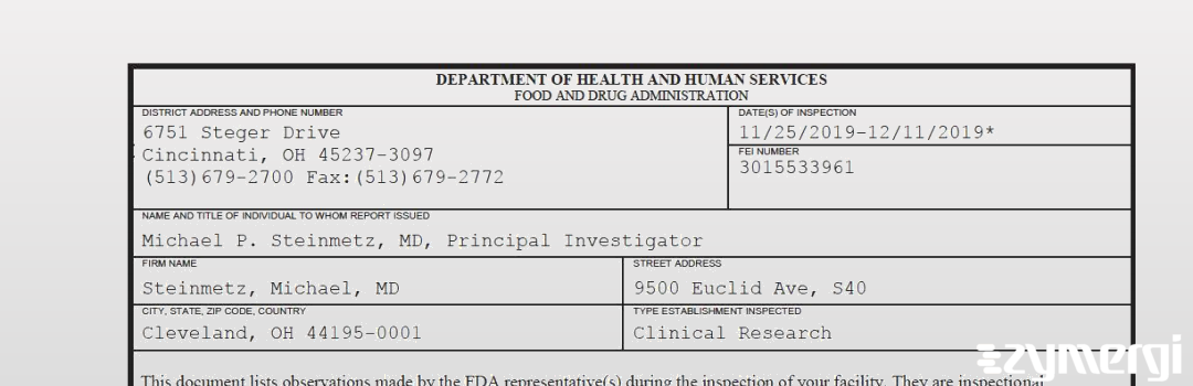 FDANews 483 Steinmetz, Michael, MD Dec 11 2019 top