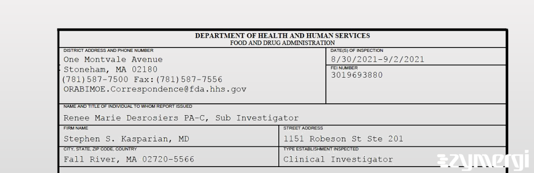 FDANews 483 Stephen S. Kasparian, MD Sep 2 2021 top