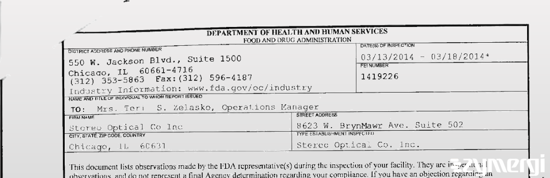 FDANews 483 Stereo Optical Co Inc Mar 18 2014 top