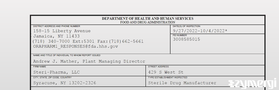 FDANews 483 Steri-Pharma, LLC Oct 4 2022 top