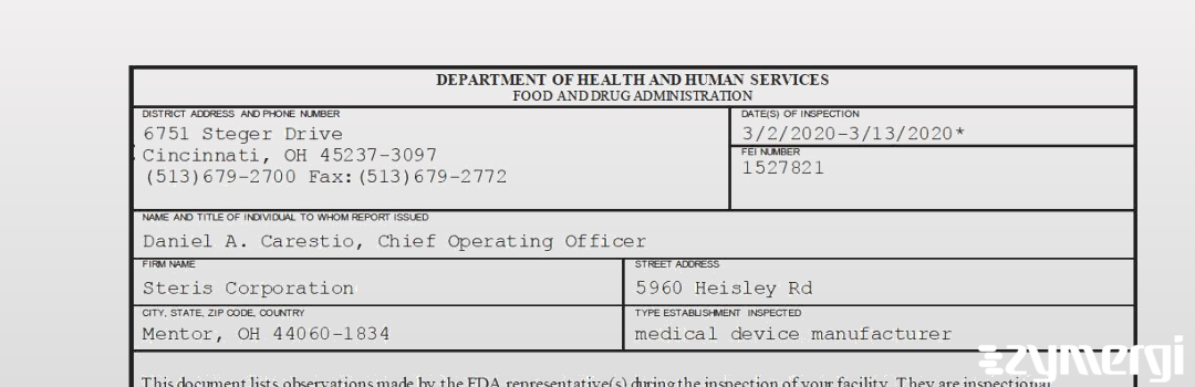 FDANews 483 Steris Corporation Mar 13 2020 top