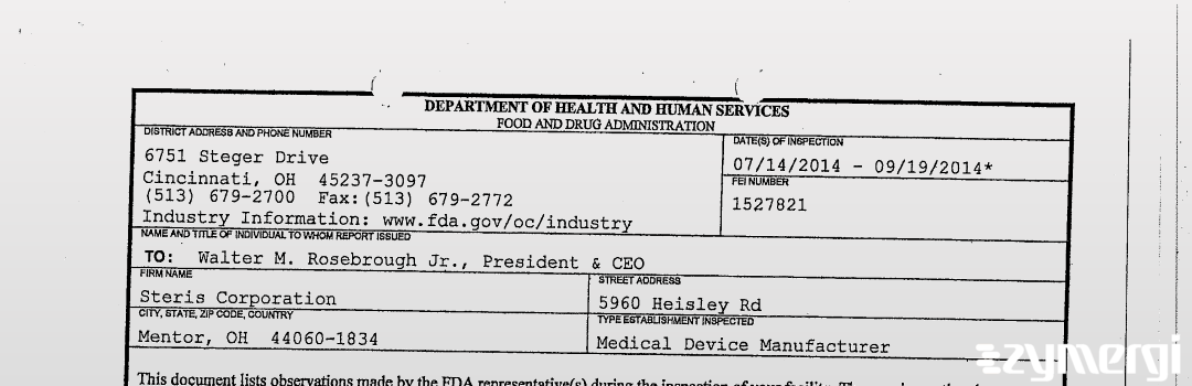 FDANews 483 Steris Corporation Sep 19 2014 top