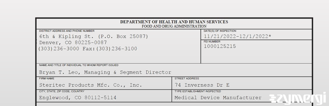 FDANews 483 Steritec Products Mfc. Co., Inc. Dec 1 2022 top