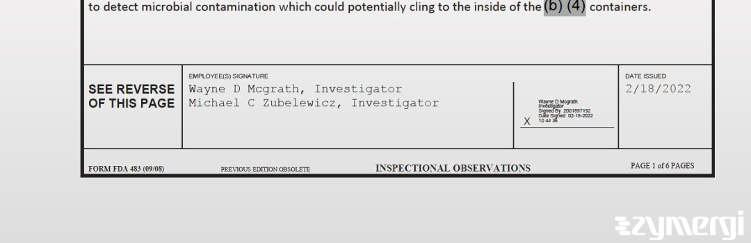 Wayne D. McGrath FDA Investigator Michael C. Zubelewicz FDA Investigator