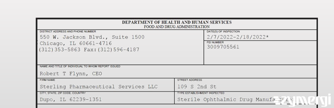 FDANews 483 Sterling Pharmaceutical Services LLC Feb 18 2022 top