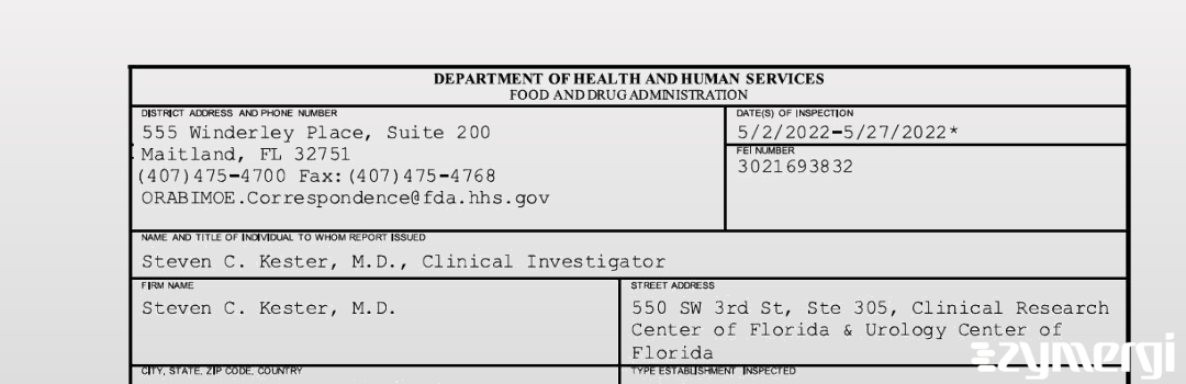 FDANews 483 Steven C. Kester, M.D. May 27 2022 top