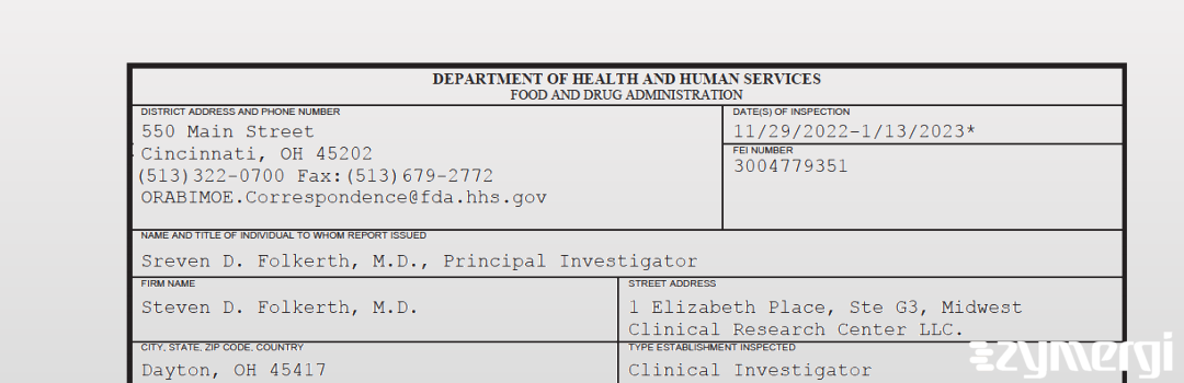 FDANews 483 Steven D. Folkerth, M.D. Jan 13 2023 top