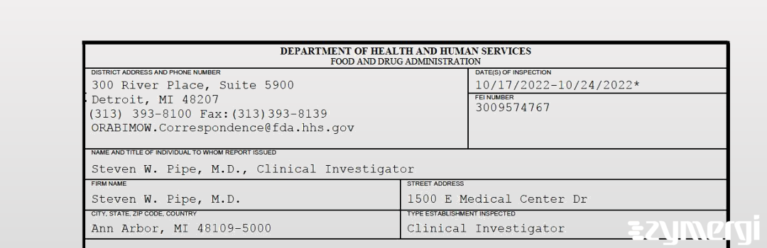 FDANews 483 Steven W. Pipe, M.D. Oct 24 2022 top