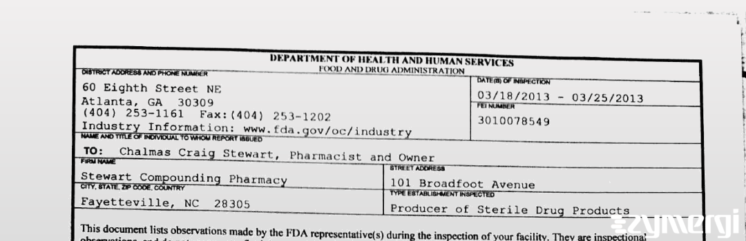 FDANews 483 Stewart Compounding Pharmacy Mar 25 2013 top