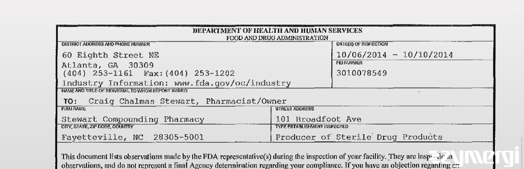 FDANews 483 Stewart Compounding Pharmacy Oct 10 2014 top