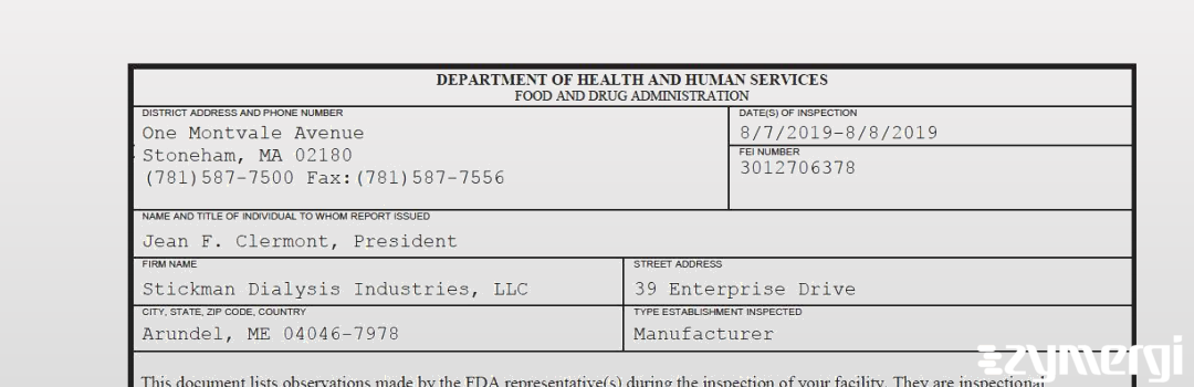 FDANews 483 Stickman Dialysis Industries, LLC Aug 8 2019 top