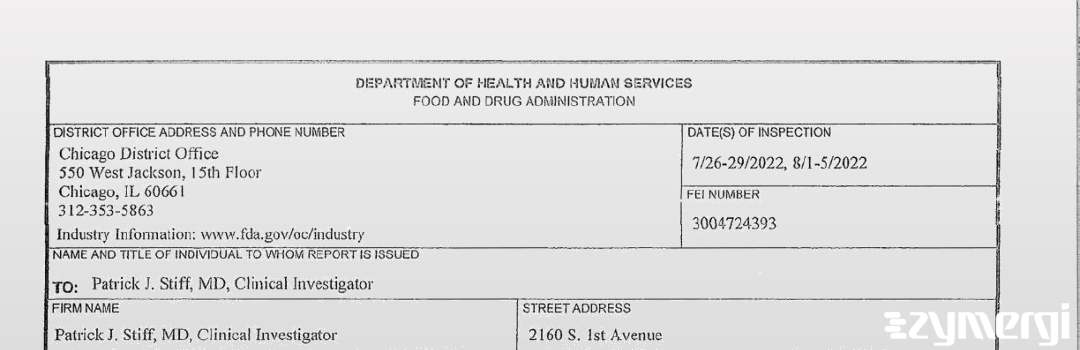 FDANews 483 Stiff, Patrick J, M.D. Aug 5 2022 top
