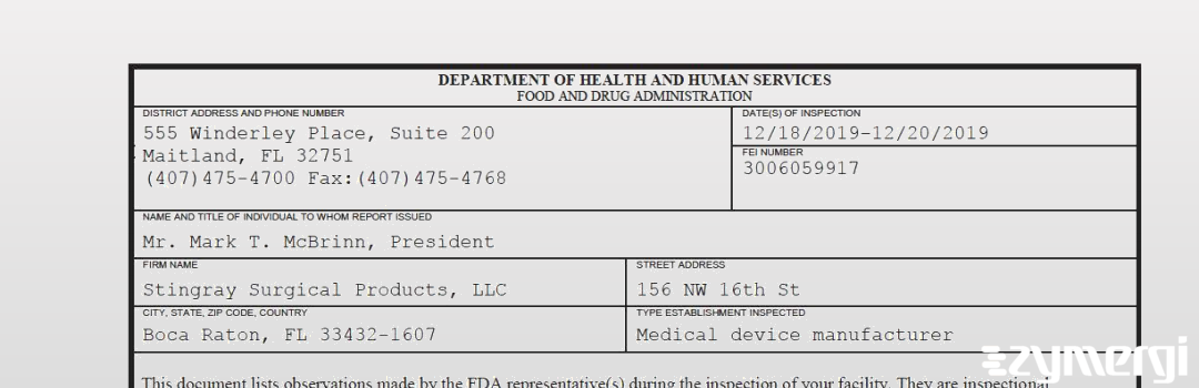 FDANews 483 Stingray Surgical Products, LLC Dec 20 2019 top