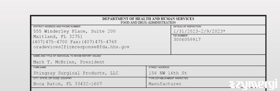 FDANews 483 Stingray Surgical Products, LLC Feb 9 2023 top