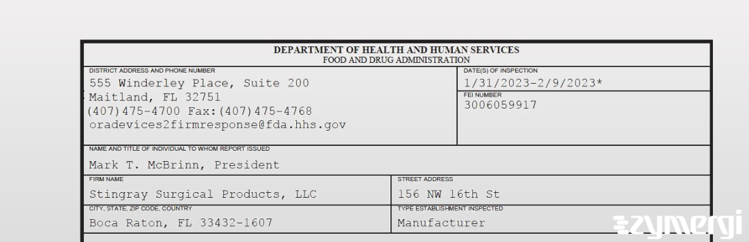 FDANews 483 Stingray Surgical Products, LLC Feb 9 2023 top