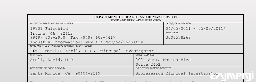 FDANews 483 Stoll, David, M.D. May 9 2011 top