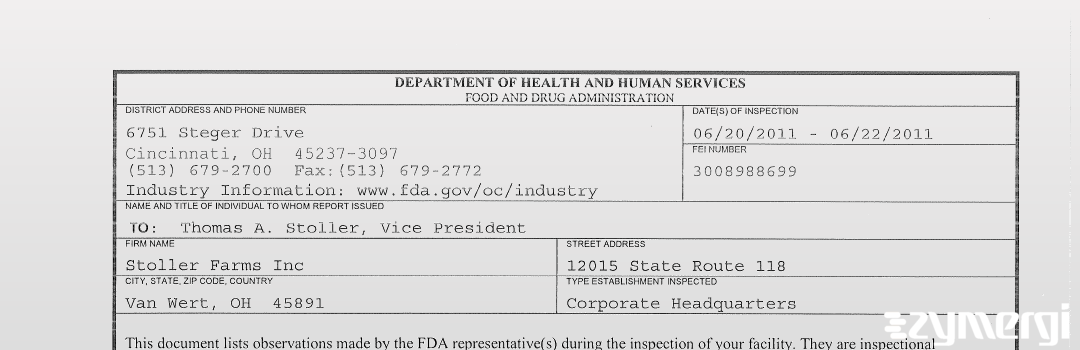 FDANews 483 Stoller Farms Inc Jun 22 2011 top