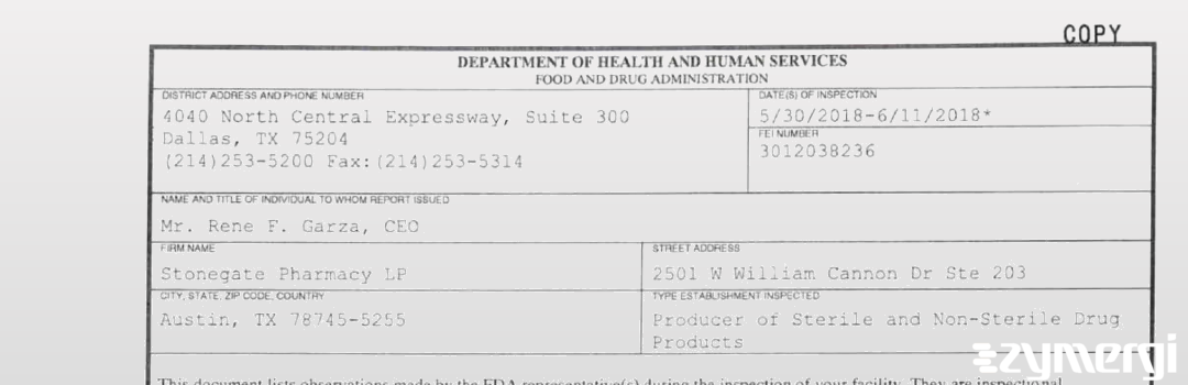 FDANews 483 Stonegate Pharmacy LP Jun 11 2018 top