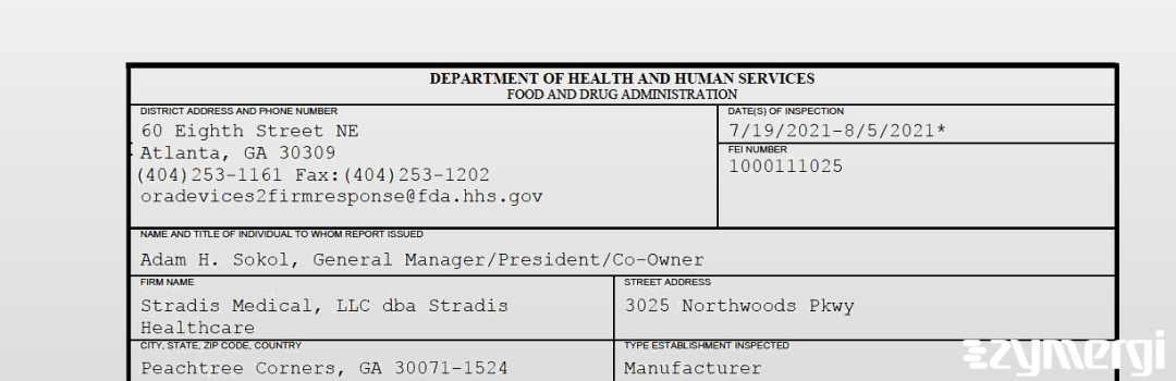 FDANews 483 Stradis Medical, LLC dba Stradis Healthcare Aug 5 2021 top