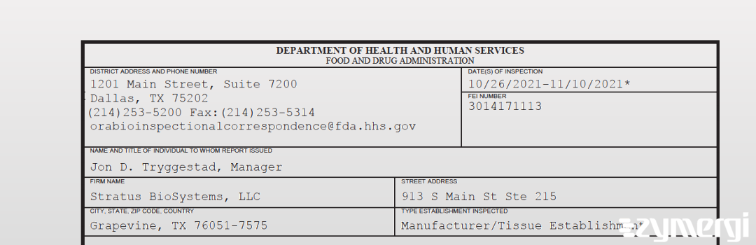 FDANews 483 Stratus BioSystems, LLC Nov 10 2021 top