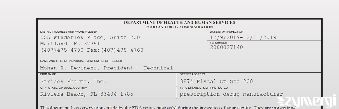 FDANews 483 Strides Pharma Inc. Dec 11 2019 top