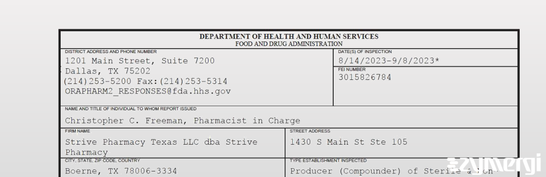 FDANews 483 Strive Pharmacy Texas LLC dba Strive Pharmacy Sep 8 2023 top