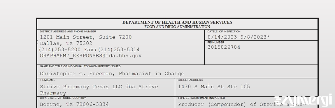 FDANews 483 Strive Pharmacy Texas LLC dba Strive Pharmacy Sep 8 2023 top