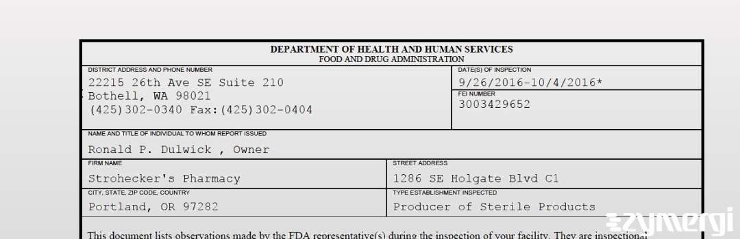 FDANews 483 Strohecker's Pharmacy Oct 4 2016 top