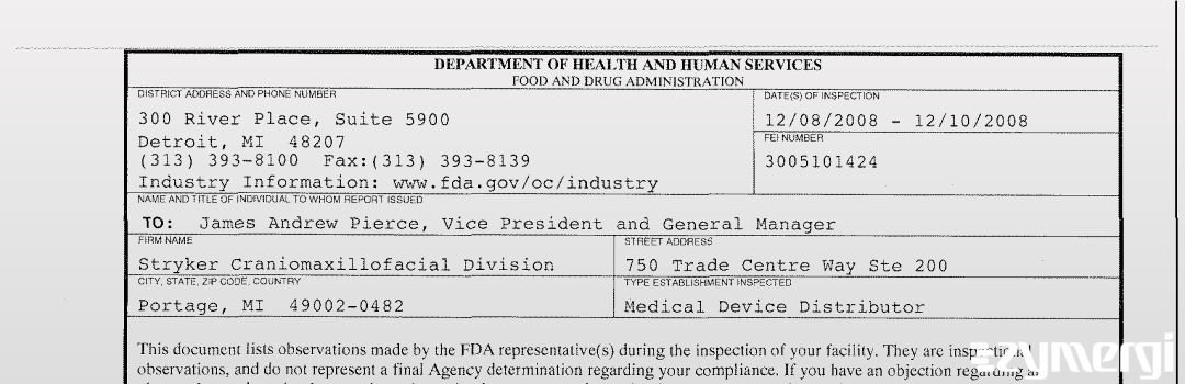 FDANews 483 Stryker Craniomaxillofacial Division Dec 10 2008 top