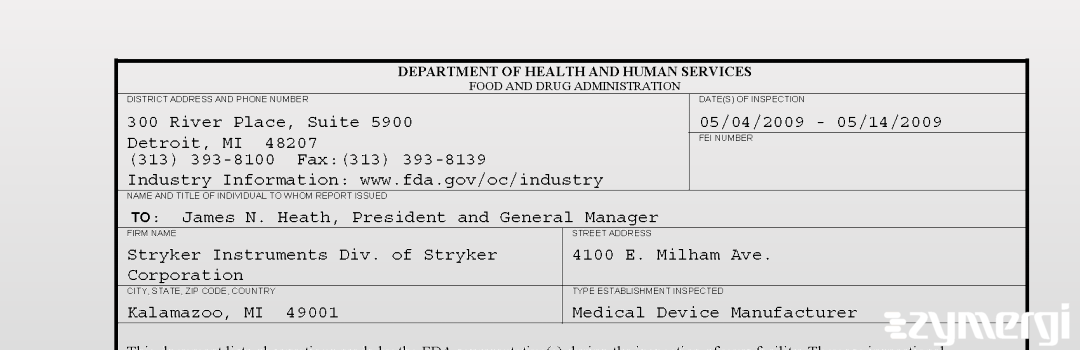 FDANews 483 Stryker Instruments Div. of Stryker Corporation May 14 2009 top