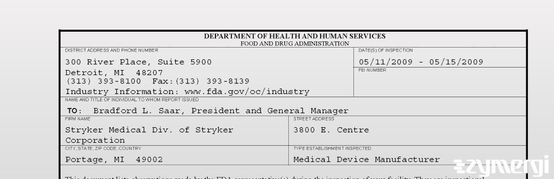 FDANews 483 Stryker Medical Division of Stryker Corporation May 15 2009 top