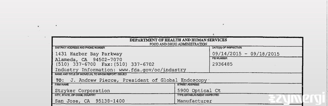 FDANews 483 Stryker Corporation Sep 18 2015 top