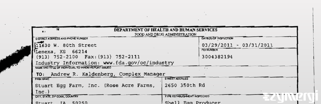 FDANews 483 Stuart Egg Farm, Inc. (Rose Acre Farms, Inc.) Mar 31 2011 top