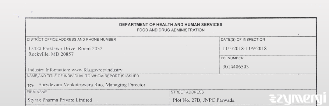 FDANews 483 Styrax Pharma Private Limited Nov 9 2018 top