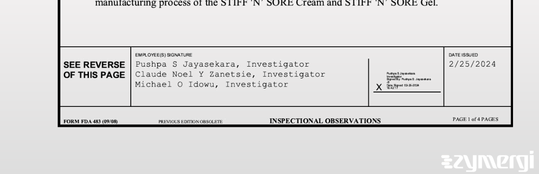 Pushpa S. Jayasekara FDA Investigator Michael O. Idowu  Claude Noel Zanetsie  