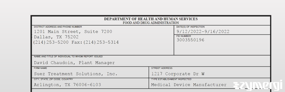 FDANews 483 Suez Treatment Solutions, Inc. Sep 16 2022 top