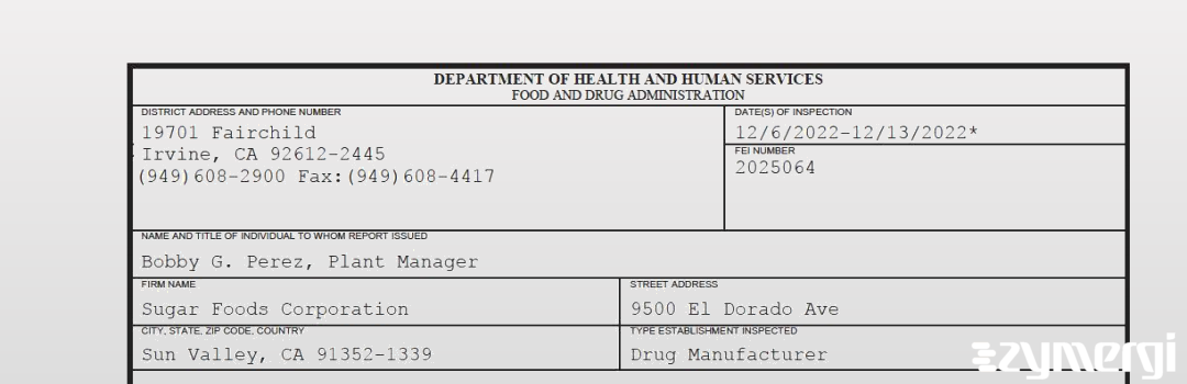 FDANews 483 Sugar Foods Corporation Dec 13 2022 top