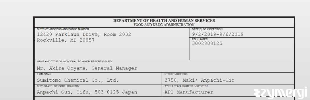 FDANews 483 Sumitomo Chemical Co., Ltd. Sep 6 2019 top