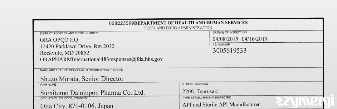 FDANews 483 Sumitomo Dainippon Pharma Co., Ltd. Apr 16 2019 top