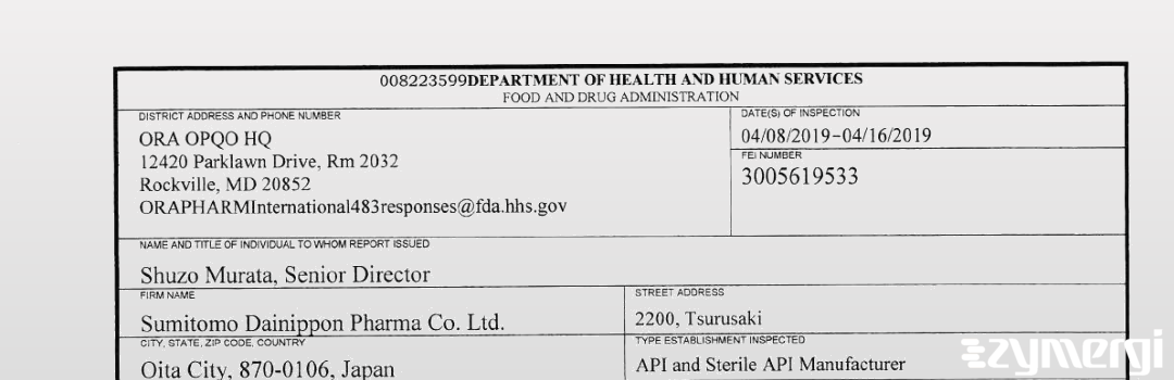 FDANews 483 Sumitomo Dainippon Pharma Co., Ltd. Apr 16 2019 top