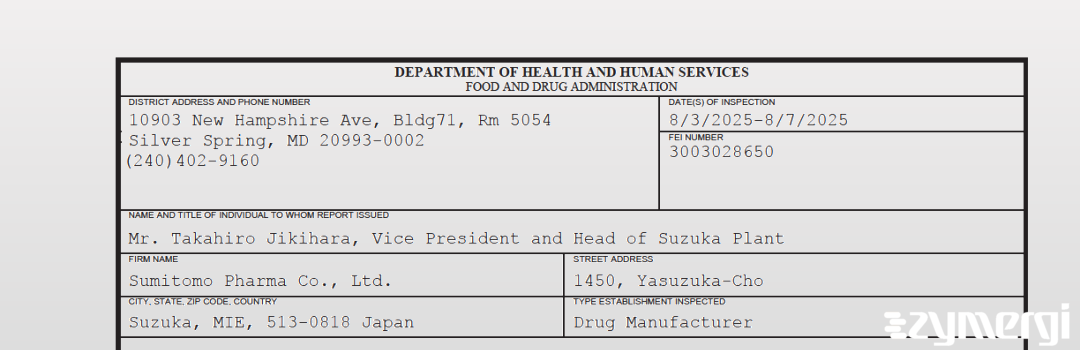 FDANews 483 Sumitomo Pharma Co., Ltd. Aug 7 2025 top