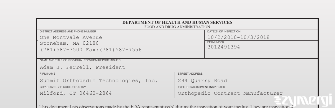 FDANews 483 Summit Orthopedic Technologies, Inc. Oct 3 2018 top