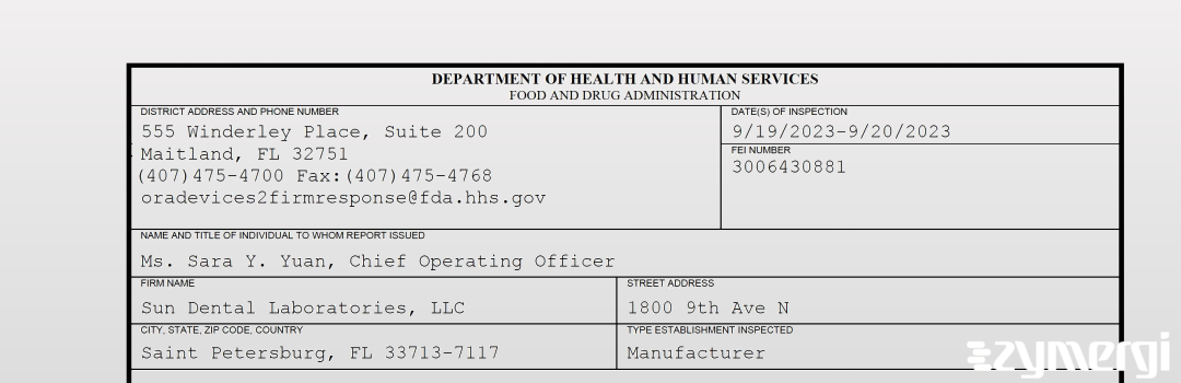 FDANews 483 Sun Dental Laboratories, LLC Sep 20 2023 top