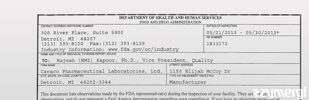 FDANews 483 Caraco Pharmaceutical Laboratories, LTD. May 30 2013 top